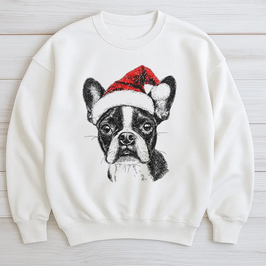 Boston Terrier Christmas Sweatshirt | Cute Santa Hat Dog Graphic | Premium Unisex Crewneck Pullover | Holiday Gift For Dog Lovers