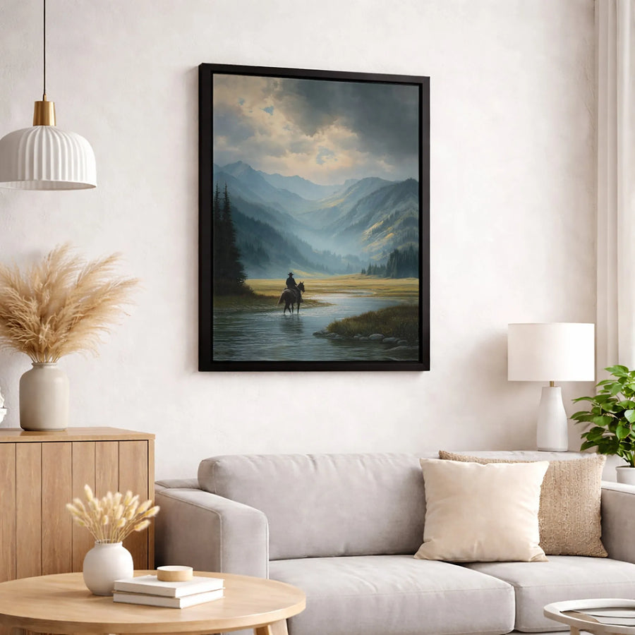 Western Cowboy Wall Art | Moody Mountain River Landscape | Premium Gallery-Wrapped Canvas | Rustic Decor for Home or Office