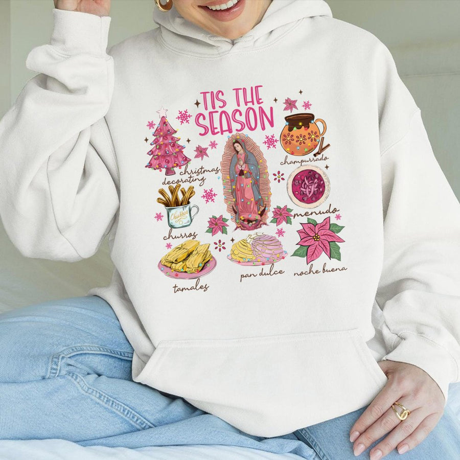 Mexican Christmas Hoodie | Tis The Season Food Graphic | Soft Cotton-Polyester Premium Pullover | Latino Heritage Holiday Gift For Family