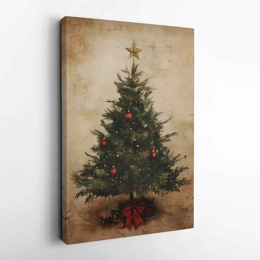 Vintage Christmas Tree Canvas Print | Rustic Holiday Wall Art with Red Ornaments | Premium Fade-Resistant Gallery Wrap | Festive Home Decor Gift