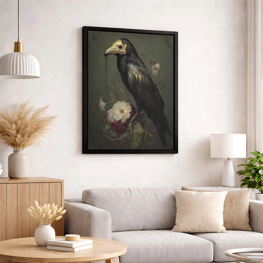 Gothic Crow Skull Canvas Wall Art | Dark Academia Raven Bird Floral Print | Premium Gallery-Wrapped Decor | Moody Home Gift for Witchy Aesthetic Lovers
