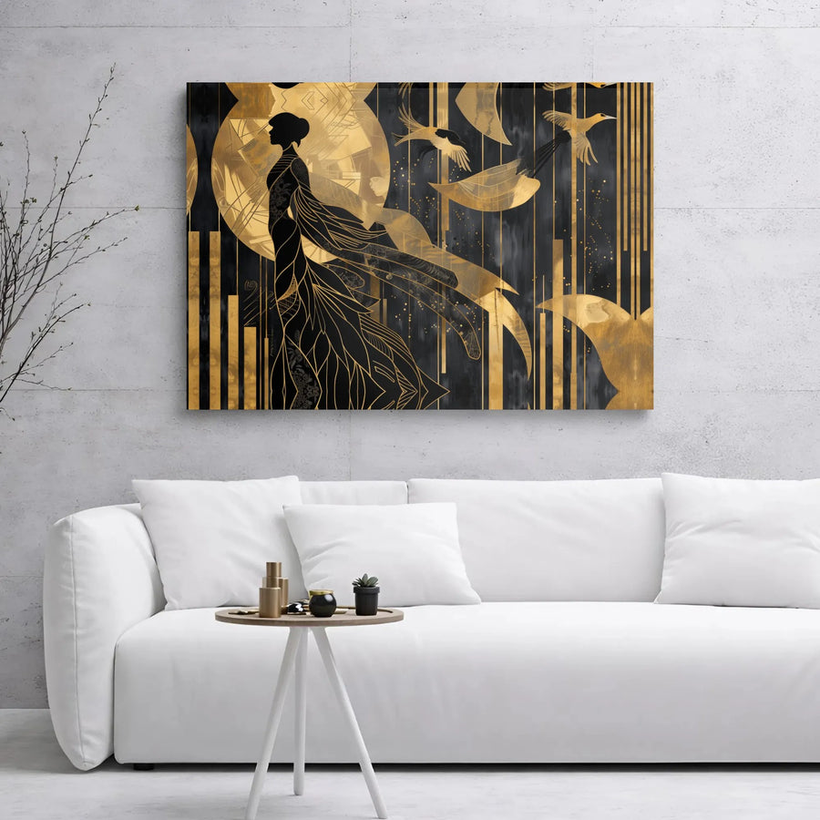 Art Deco Woman Canvas Wall Art | Gold and Black Moon Silhouette | Premium 1.25 Inch Gallery Wrap | Elegant Home Decor for Living Room