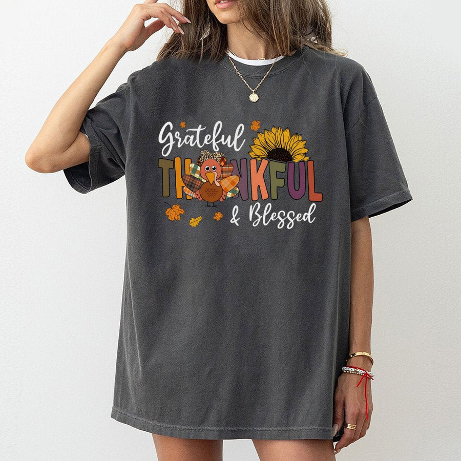 Grateful Thankful Blessed T-Shirt | Fall Sunflower Turkey Graphic | Premium 100% Cotton | Thanksgiving Gift for Women & Family