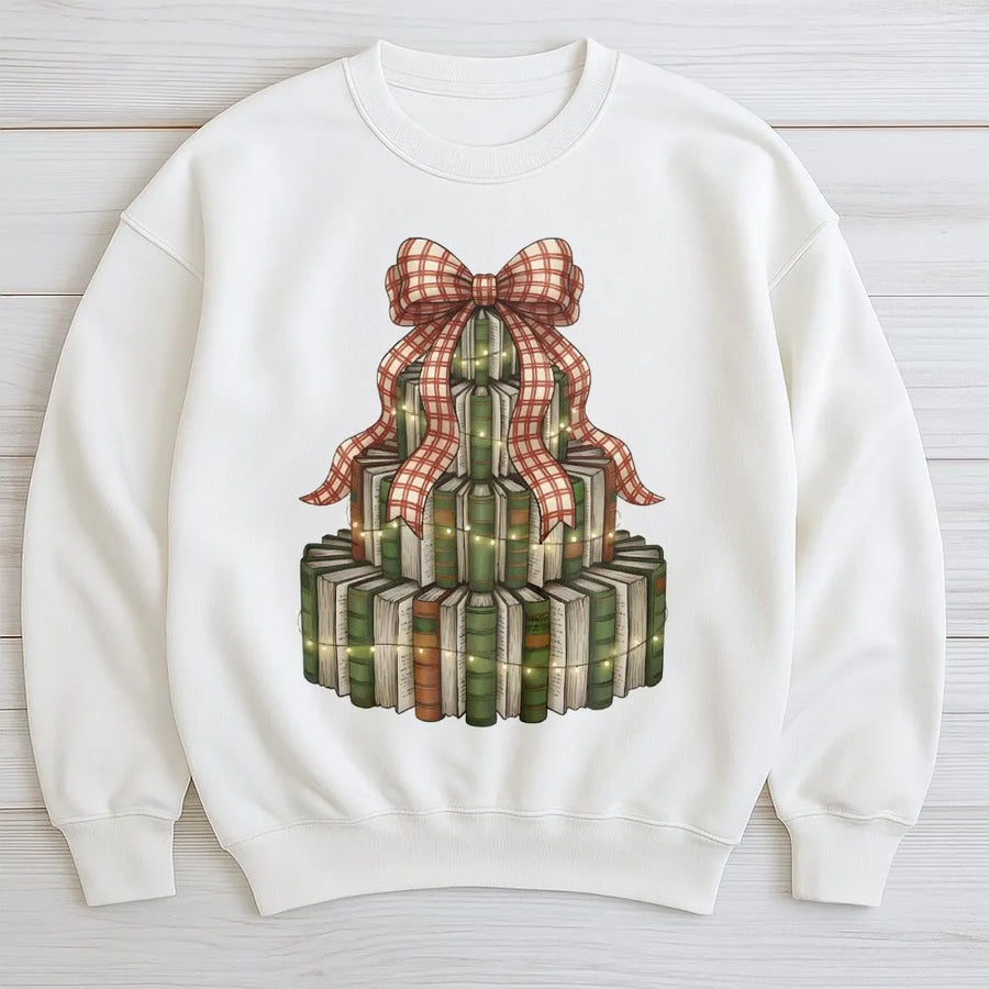 Christmas Book Tree Sweatshirt | Retro Librarian Holiday Graphic | Premium Cotton Blend | Gift For Book Lovers Readers Teacher
