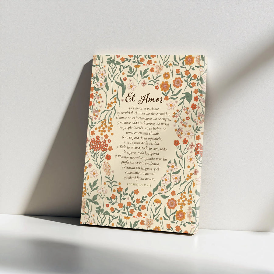 Versículo Bíblico en Lienzo | El Amor Es Paciente, 1 Corintios 13 | Impresión de Arte Floral Retro | Regalo Cristiano Para el Hogar