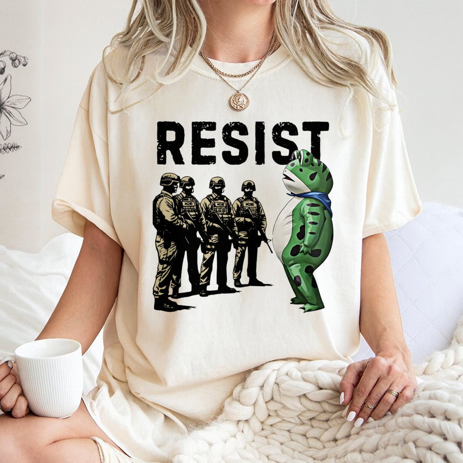 Resist Frog Graphic T-Shirt | Portland Protest Art Design | 100% Cotton Premium Tee | Unisex Activist Apparel Gift
