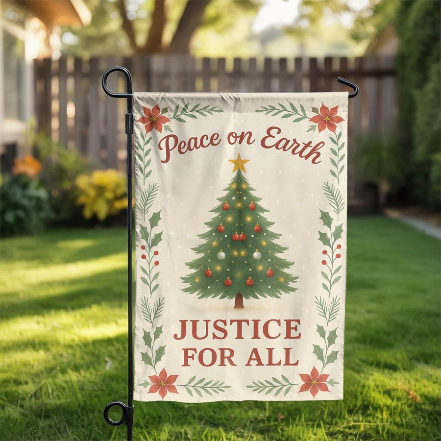 Peace On Earth Justice For All Garden Flag | Christmas Tree & Poinsettia Floral Design | Weather-Resistant Polyester | Holiday Yard Decor Gift
