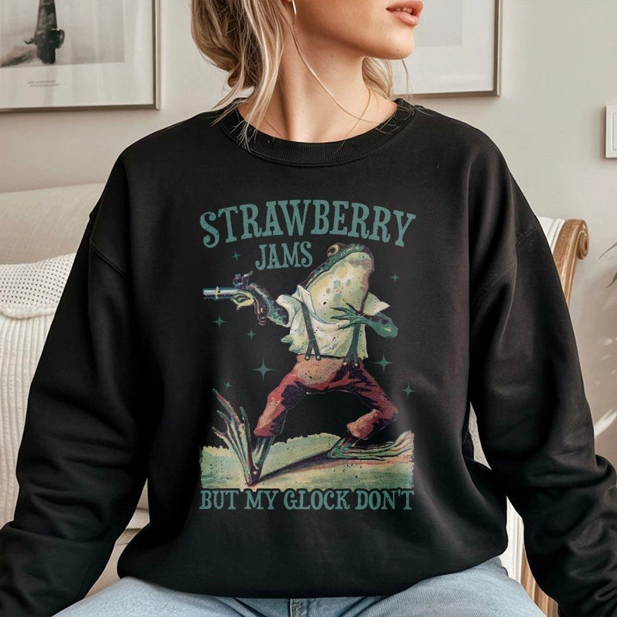 Strawberry Jams But My Glock Don't Frog Sweatshirt | Funny Meme Animal Graphic | Premium Cotton Blend | Gift For Gen Z Humor Lovers