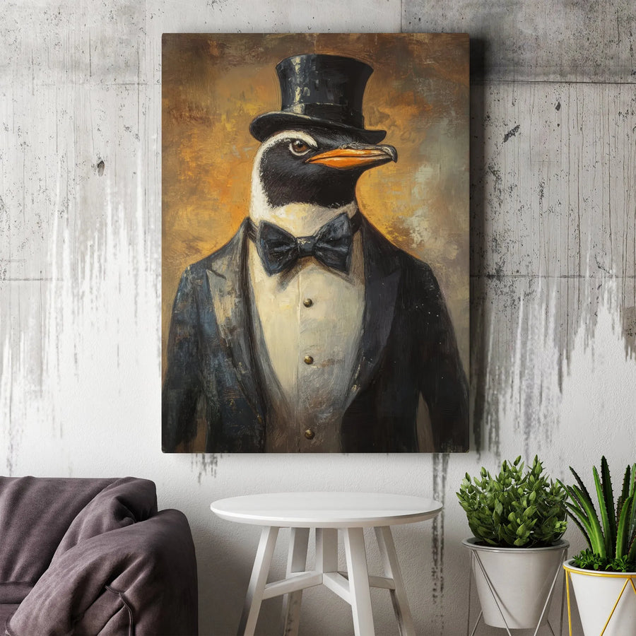 Penguin Wall Art | Dapper Tuxedo Portrait | Gallery Wrapped Canvas | Whimsical Animal Home Decor Gift