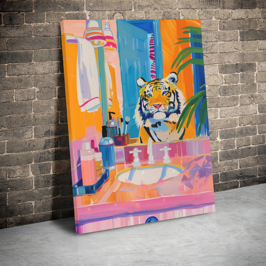 Tiger In The Bathroom Canvas Wall Art | Vibrant Surrealist Animal Painting | Gallery Wrapped 1.25 Inch Wood Frame | Quirky Modern Home Decor Gift