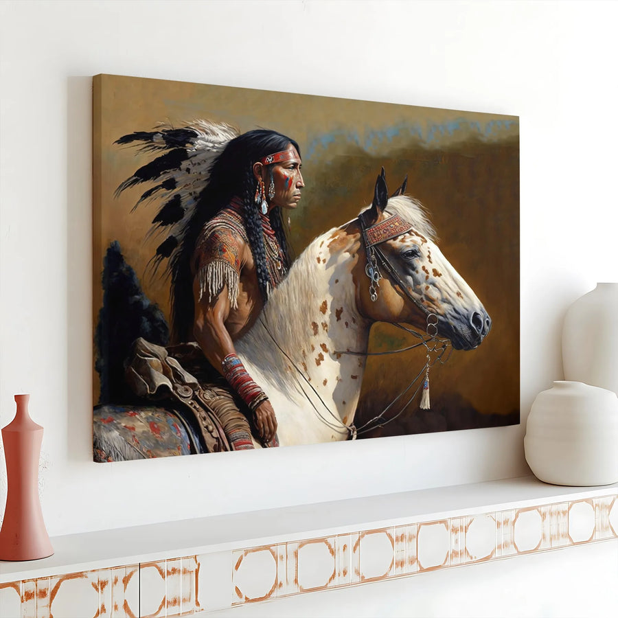 Native American Warrior Horizontal Canvas | Realistic Indigenous Chief & Paint Horse Oil Painting Art | Premium 1.25" Gallery Wrap | Rustic Western Home Decor Gift