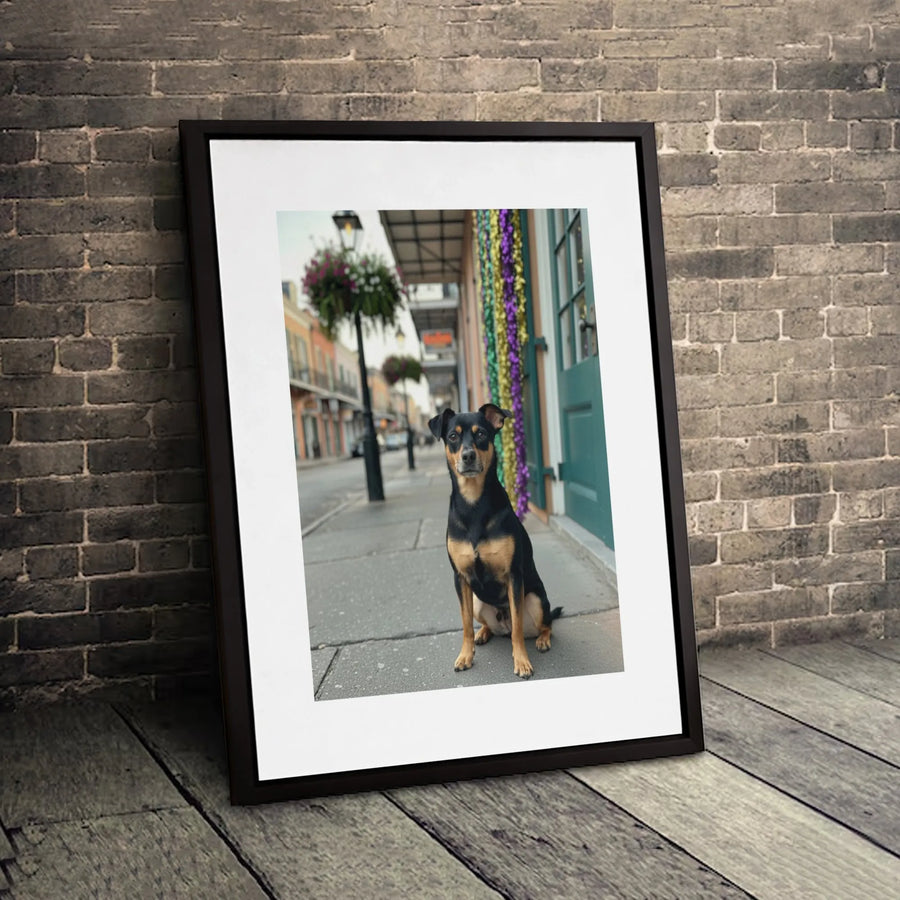 New Orleans French Quarter Dog Art | Realistic Black and Tan Dog Portrait | Premium 1.25-Inch Gallery Wrapped Canvas | Charming Home Decor Gift