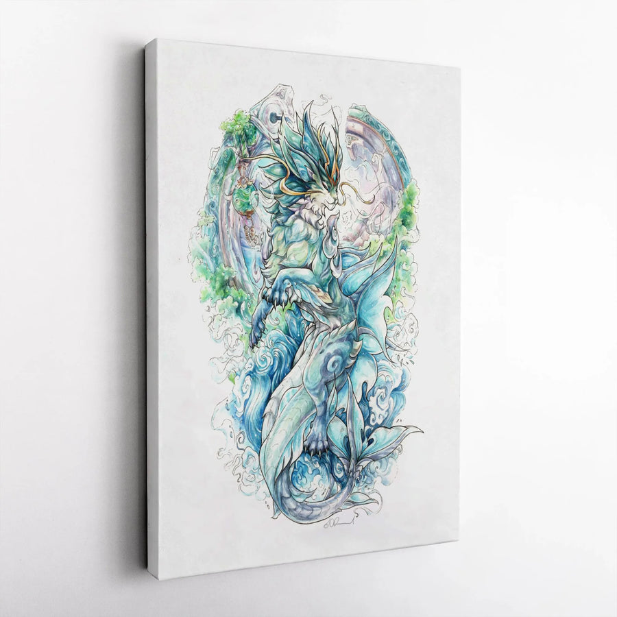 Mythical Water Dragon Canvas Art | Watercolor Fantasy Creature Wall Decor | Premium 1.25 Inch Gallery Wrap | Unique Gift for Fantasy Lovers