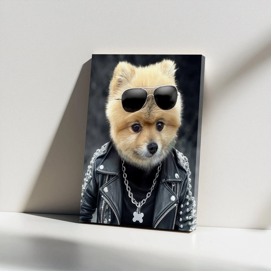 Pomeranian Dog Canvas Wall Art | Cool Rockstar Pup in Leather Jacket | Premium Gallery Wrap Decor | Unique Pet Lover Gift for Office or Home