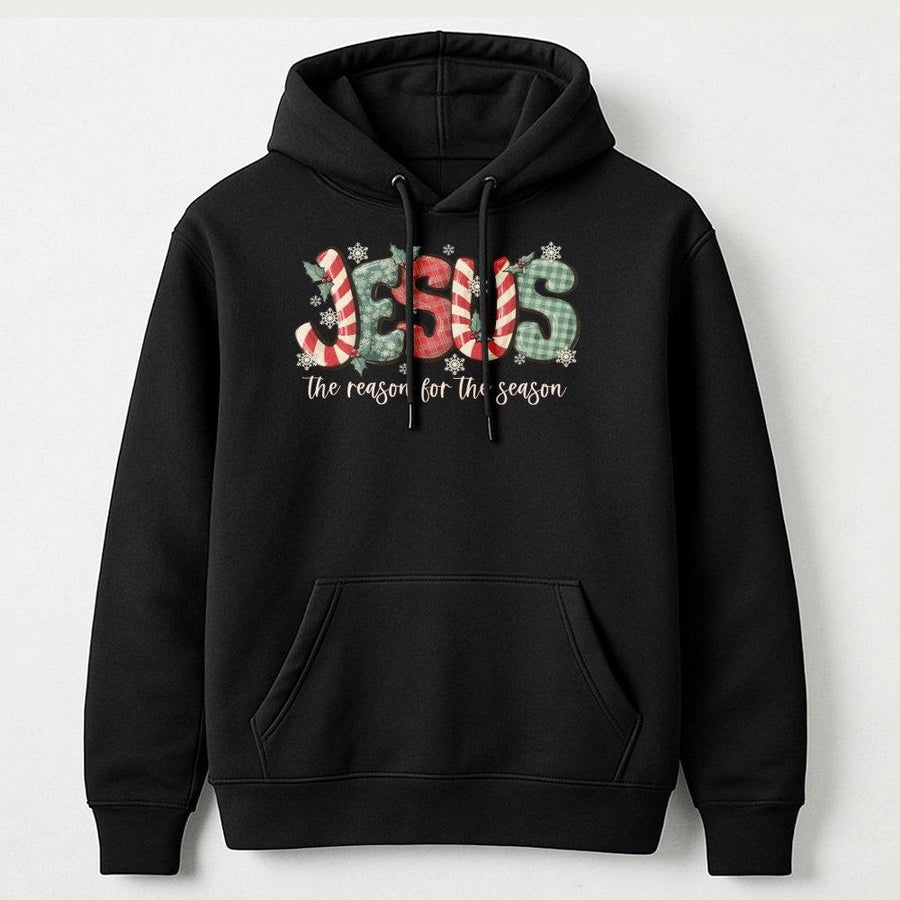 Jesus The Reason For The Season Hoodie | Plaid Candy Cane Christmas Design | Premium Cotton Blend | Christian Religious Gift For Men And Women