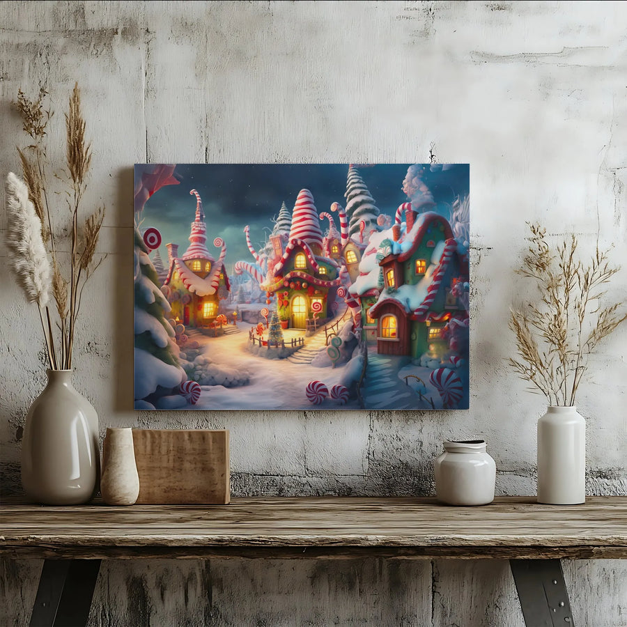 Whimsical Christmas Candy Village Canvas | Festive Gingerbread House Art | Premium Gallery-Wrapped Print | Holiday Home Decor Gift
