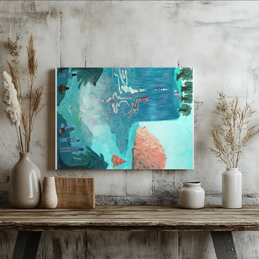 Abstract Swimmers Canvas Wall Art | Modern Illustrative Water Reflection | Premium Fade-Resistant Print | Contemporary Home Decor Gift