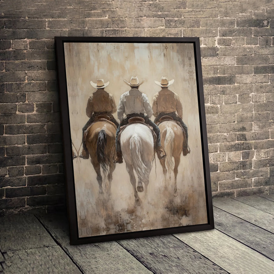 Western Cowboy Wall Art | Three Horseback Riders Painting Print | Premium 1.25 Inch Gallery Canvas | Rustic Home Office Decor Gift