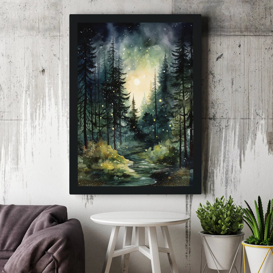 Enchanted Forest Canvas Wall Art | Watercolor Night River & Fireflies | Premium 1.25" Gallery Wrap | Nature Lover Home Decor Gift