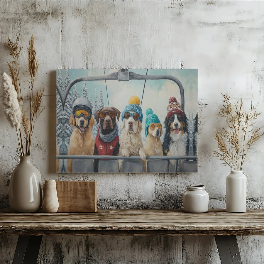 Dogs On Ski Lift Canvas Print | Funny Winter Dog Portrait | Premium Gallery Wrap Wall Art | Cozy Mountain Cabin Decor Gift