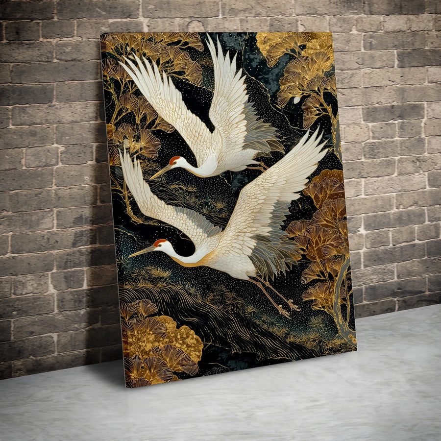 Japanese Crane Vertical Canvas | Gold Ginkgo and Bird Art Print | Premium Gallery Wrapped Canvas | Modern Zen Living Room Wall Decor Gift