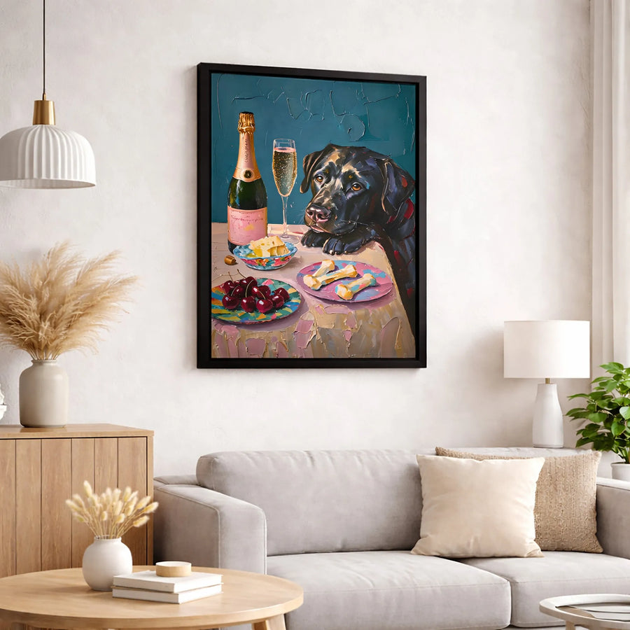 Black Labrador Canvas Wall Art | Whimsical Dog Dining With Champagne Painting | Premium Gallery Wrap Print | Unique Gift For Dog Lovers & Pet Owners