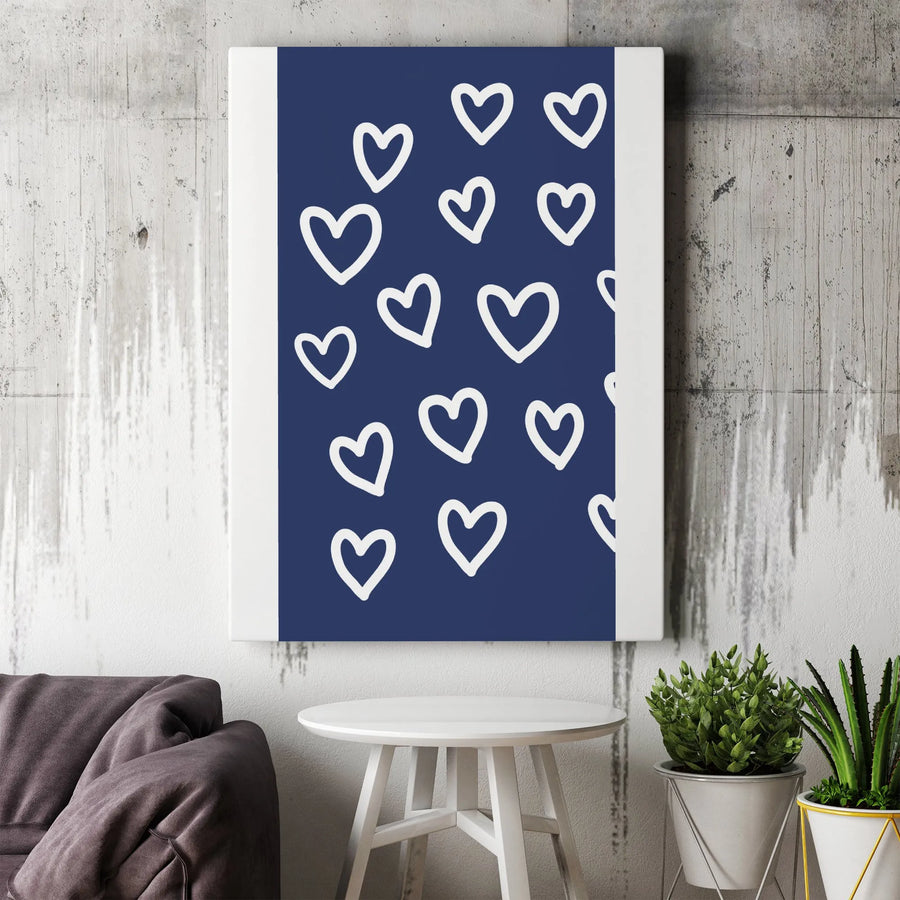 Minimalist Heart Canvas Print | Hand-Drawn Hearts on Navy Blue | Premium Gallery Wrapped Canvas | Modern Nursery & Bedroom Decor Gift