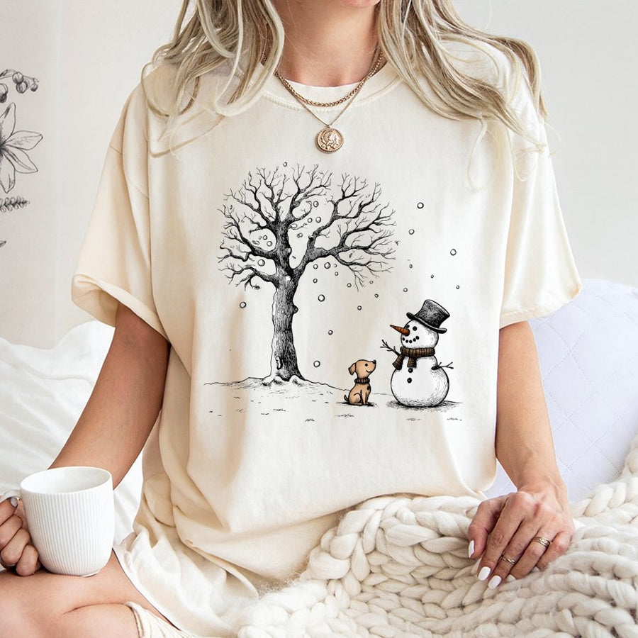Snowman and Puppy T-Shirt | Cute Winter Dog Graphic | Soft 100% Cotton Premium Tee | Holiday Gift for Dog Lovers