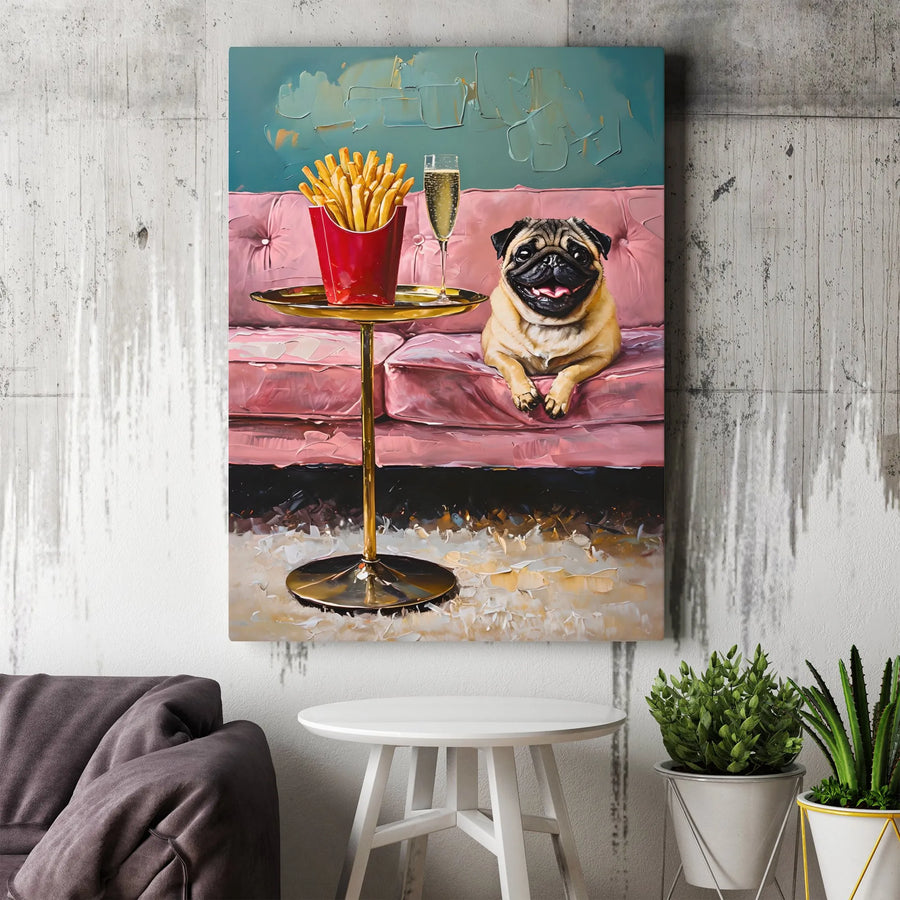 Pug Wall Art | Whimsical Dog Eating French Fries & Champagne Print | 1.25-Inch Gallery Wrapped Canvas | Funny Pet Home Decor Gift