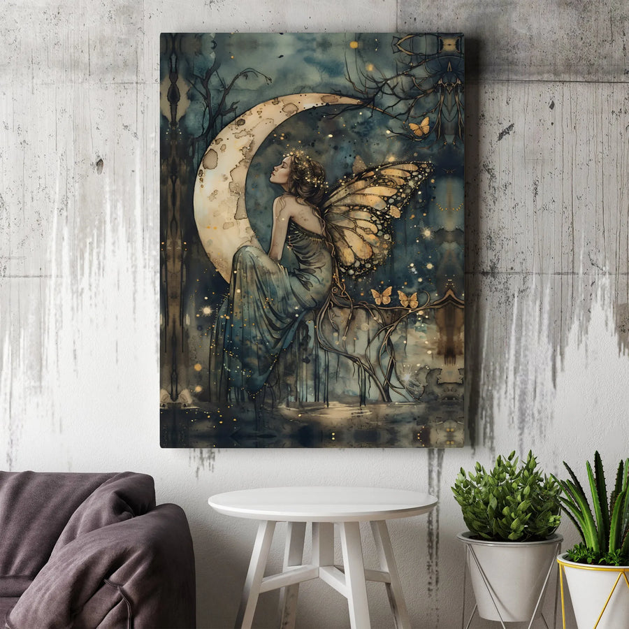 Fairy Wall Art | Enchanting Moon Butterfly Princess Illustration | Premium 1.25-Inch Thick Gallery Wrapped Canvas | Magical Fantasy Home Decor Gift