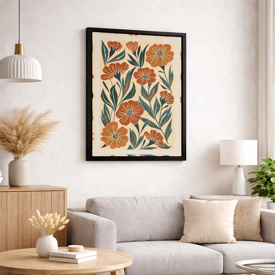 Retro Floral Canvas Wall Art | Burnt Orange and Sage Green Botanical Print | Premium 1.25 Inch Gallery Wrap | Modern Boho Home Decor Gift