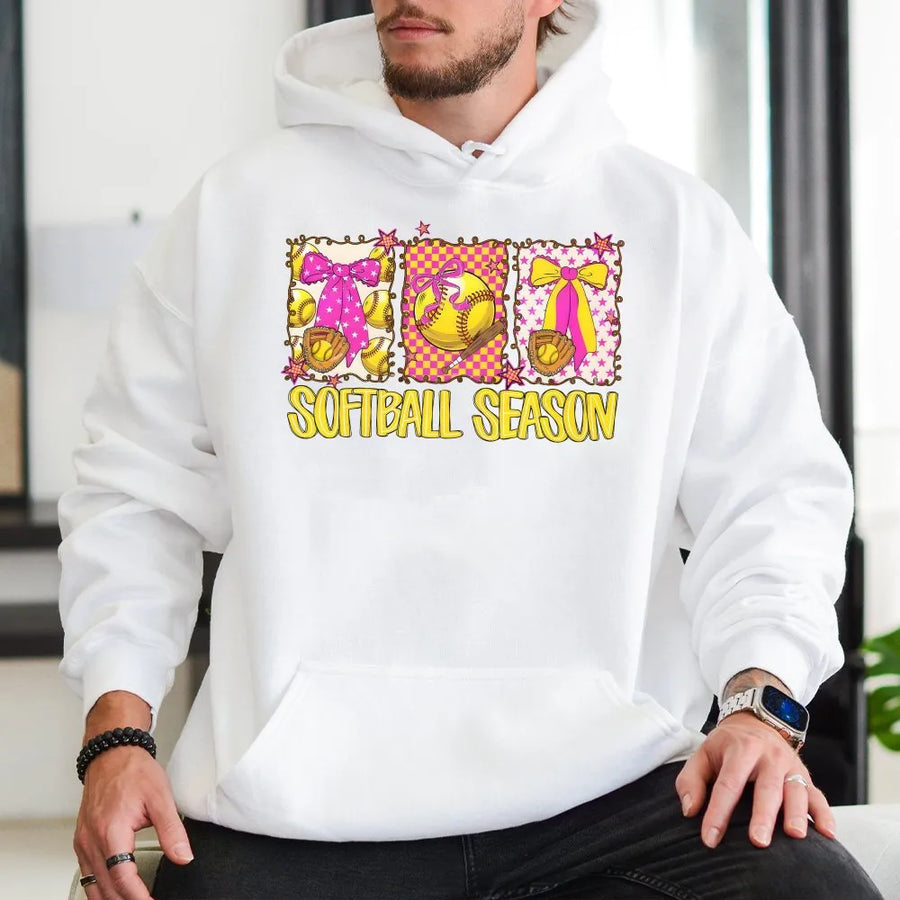 Softball Season Hoodie | Coquette Aesthetic Pink Bow Graphic | Premium Cotton Blend | Gift For Softball Mom & Player