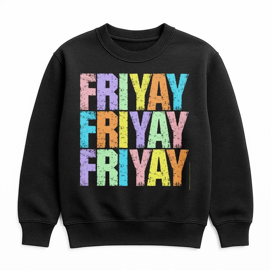 Happy Friyay Sweatshirt | Retro Colorful Graphic Pullover | Soft Cotton-Polyester Blend | Funny Elementary Teacher Gift