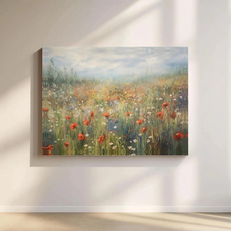 Wildflower Meadow Canvas Print | Impressionist Poppy Field Painting | Premium Stretched Canvas | Rustic Cottagecore Wall Decor Gift