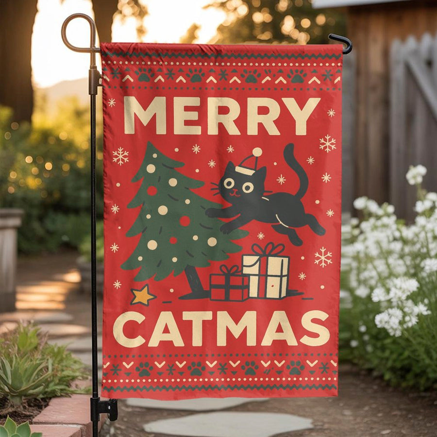 Merry Catmas Garden Flag | Funny Black Cat Christmas Yard Decor | Premium Double-Sided Polyester | Festive Holiday Gift for Cat Lovers