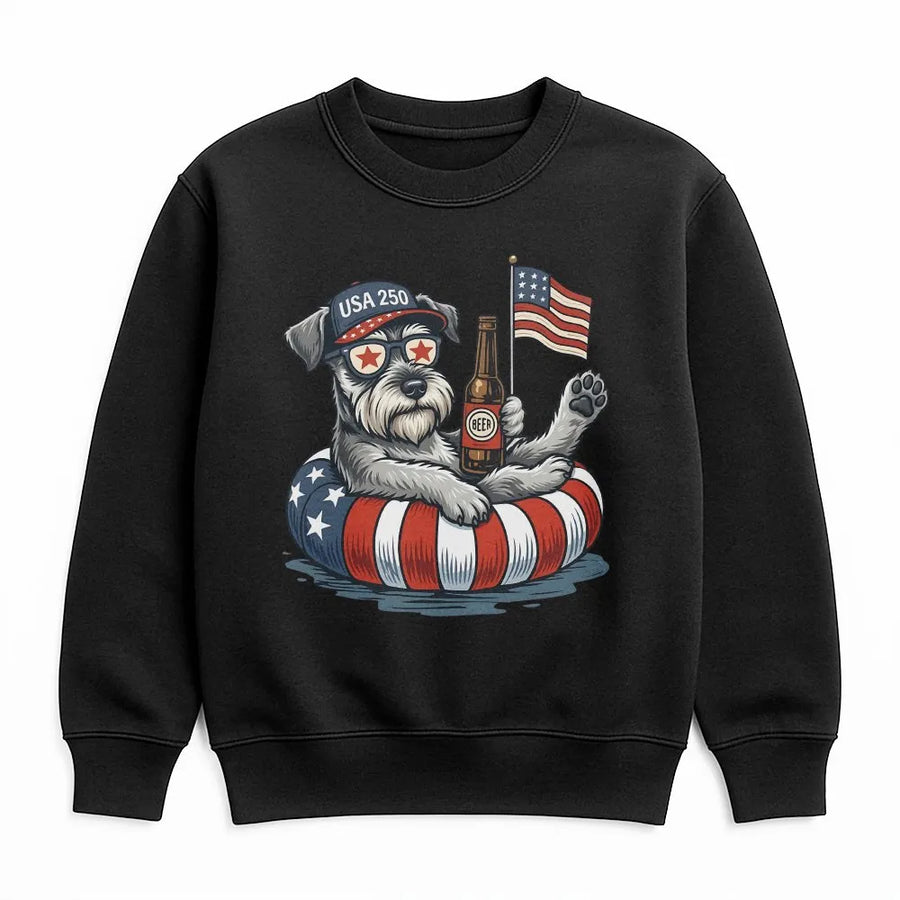USA 250 Schnauzer Sweatshirt | Funny Patriotic Dog with Flag & Beer | Soft Cotton Blend Crewneck | Independence Day Gift for Dog Lover