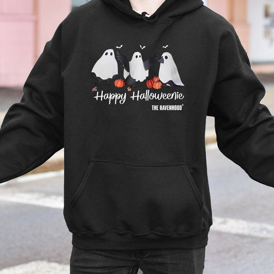 Happy Halloweenie Hoodie | Cute Ghost Raven Design | Premium Cotton Blend | Book Club Halloween Gift for Readers