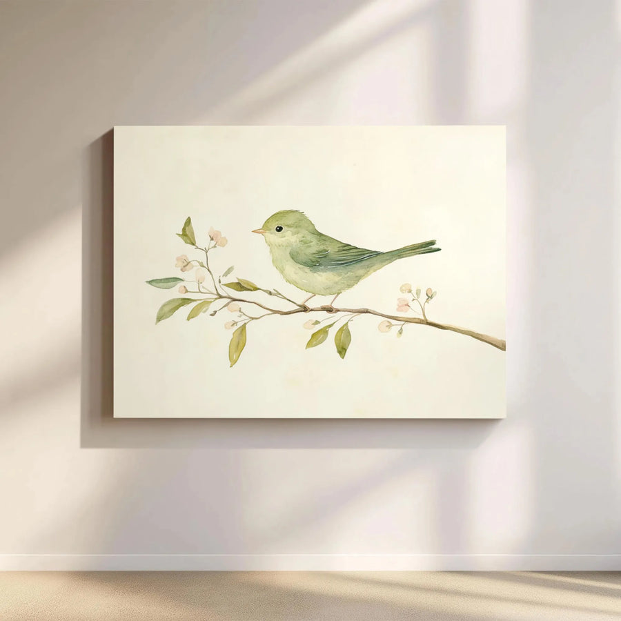 Watercolor Green Bird Canvas Art | Minimalist Flowering Branch Print | Premium Gallery-Wrapped Wall Decor | Nature-Inspired Gift for Bird Lovers