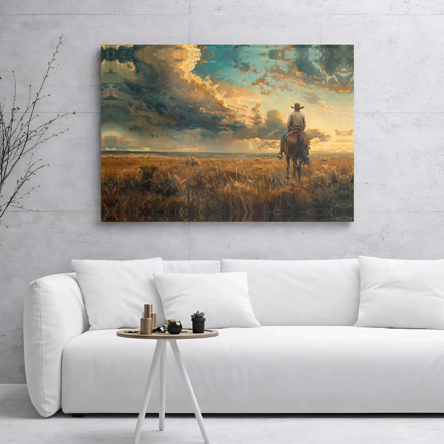 Lone Cowboy Canvas Wall Art | Western Sunset Landscape Print | Premium 1.25" Gallery Wrap | Southwestern Home Office Decor Gift