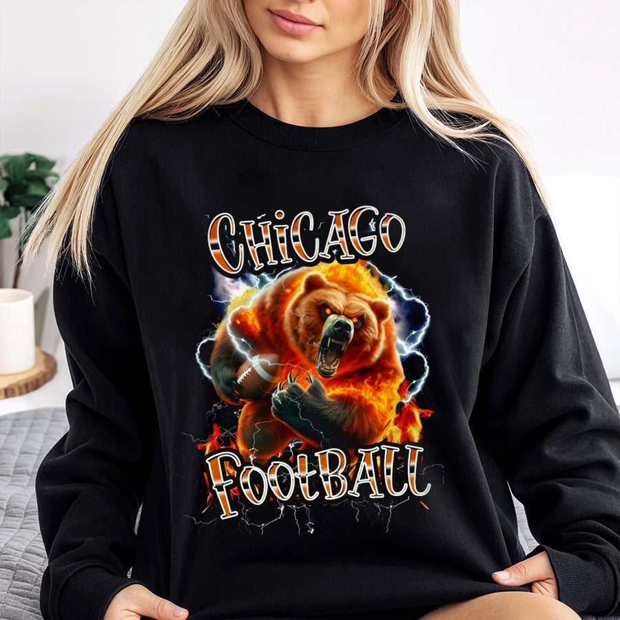 Chicago Football With Roaring Flaming Bear And Lightning Sweatshirt