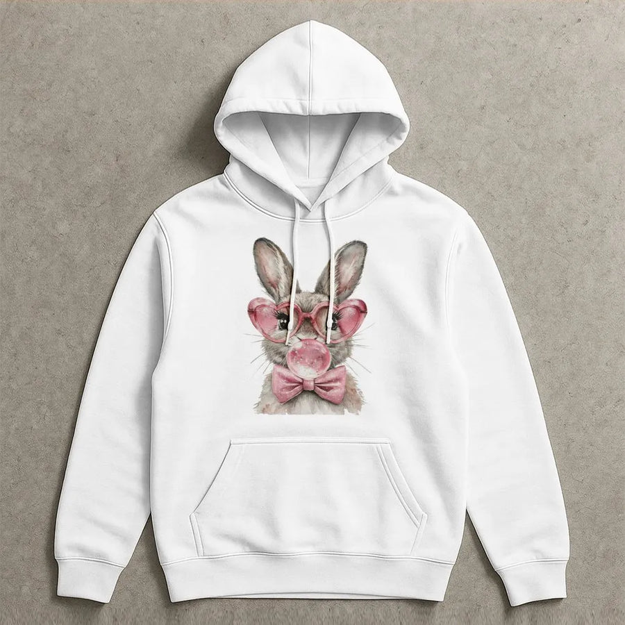 Easter Bunny Hoodie | Cute Pink Heart Glasses Bubblegum Rabbit Graphic | Premium Soft Cotton Blend | Festive Spring Holiday Gift for Her