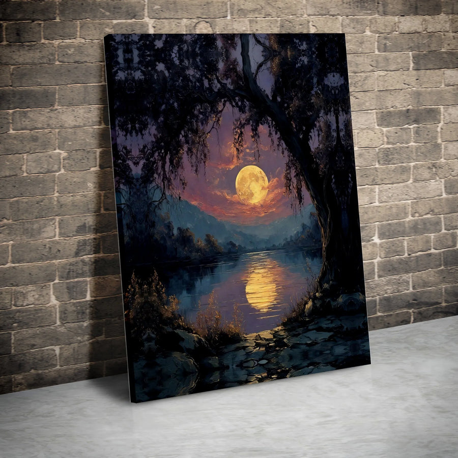 Full Moon Landscape Canvas Art | Mountain Lake Sunset Wall Decor | Premium 1.25-Inch Framed Print | Nature Lover Gift for Home Office