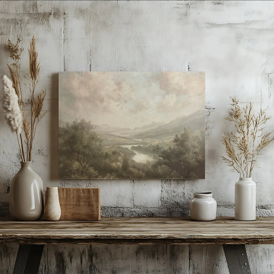 Vintage Landscape Canvas Art | Moody River Valley Scenery | Gallery Wrapped Canvas | Rustic Farmhouse Decor Gift