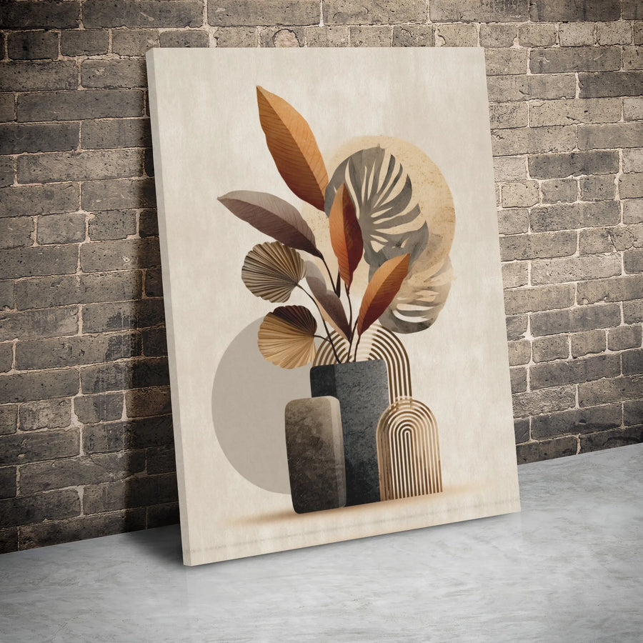 Boho Botanical Canvas Wall Art | Abstract Neutral Leaf Print with Geometric Arch | Premium 1.25 Inch Gallery Wrap | Modern Minimalist Home Decor Gift