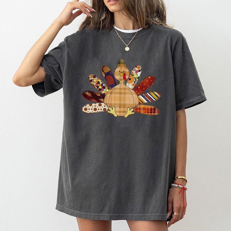 Patchwork Turkey T-Shirt | Cute Thanksgiving Graphic Print | 100% Cotton Premium Quality | Fall Festive Gift for Women & Moms