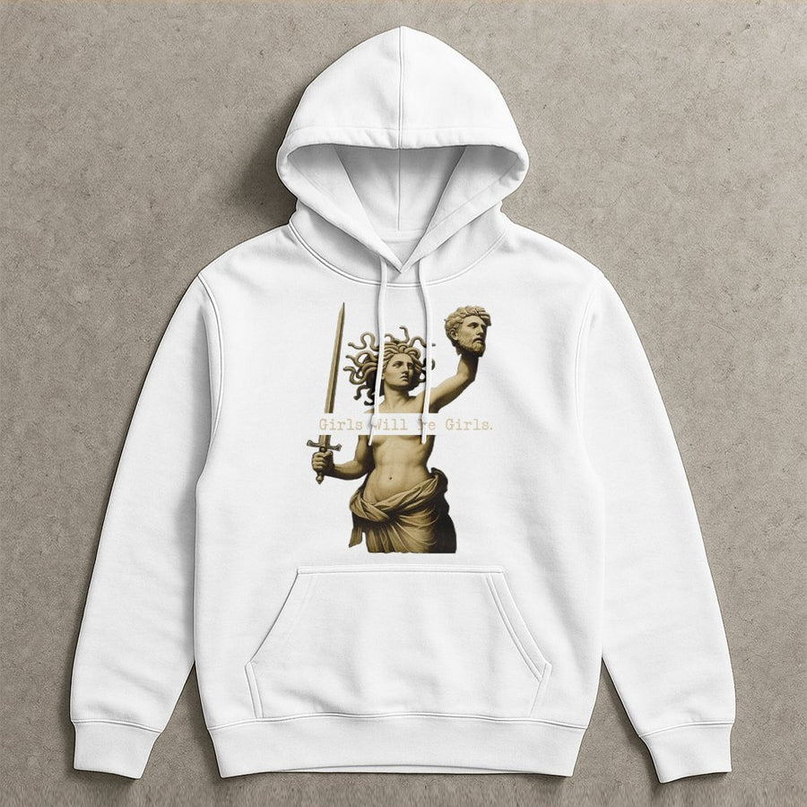 Medusa Graphic Hoodie | Girls Will Be Girls Feminist Aesthetic | Premium Cotton Blend | Empowering Mythological Gift For Women And Mythology Lovers
