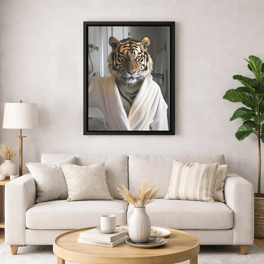 Tiger In Bathrobe Canvas Wall Art | Whimsical Bathroom Animal Portrait | Premium Gallery-Wrapped Print | Unique Home Decor Gift For Animal Lovers