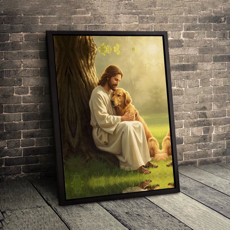 Jesus With Golden Retriever Canvas | Religious Pet Wall Art | Premium 1.25 Inch Gallery Wrap | Spiritual Home Decor Gift