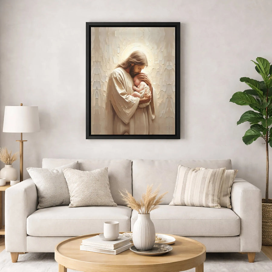Jesus Holding Baby Canvas Wall Art | Serene Religious Portrait | Premium 1.25-inch Thick Gallery Print | Inspirational Christian Home Decor Gift