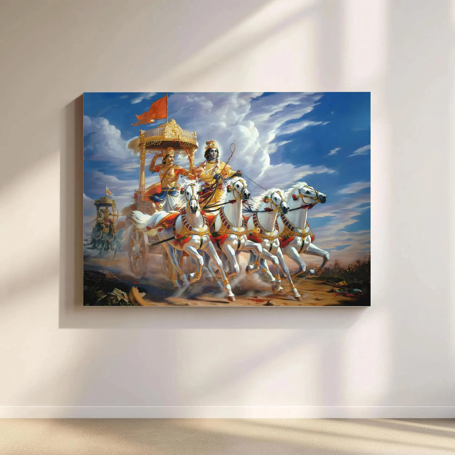 Krishna Arjuna Chariot Canvas Print | Mahabharata Battlefield Wall Art | 1.25 Inch Gallery Wrap | Hindu Spiritual Gift for Home Office